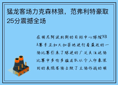 猛龙客场力克森林狼，范弗利特豪取25分震撼全场